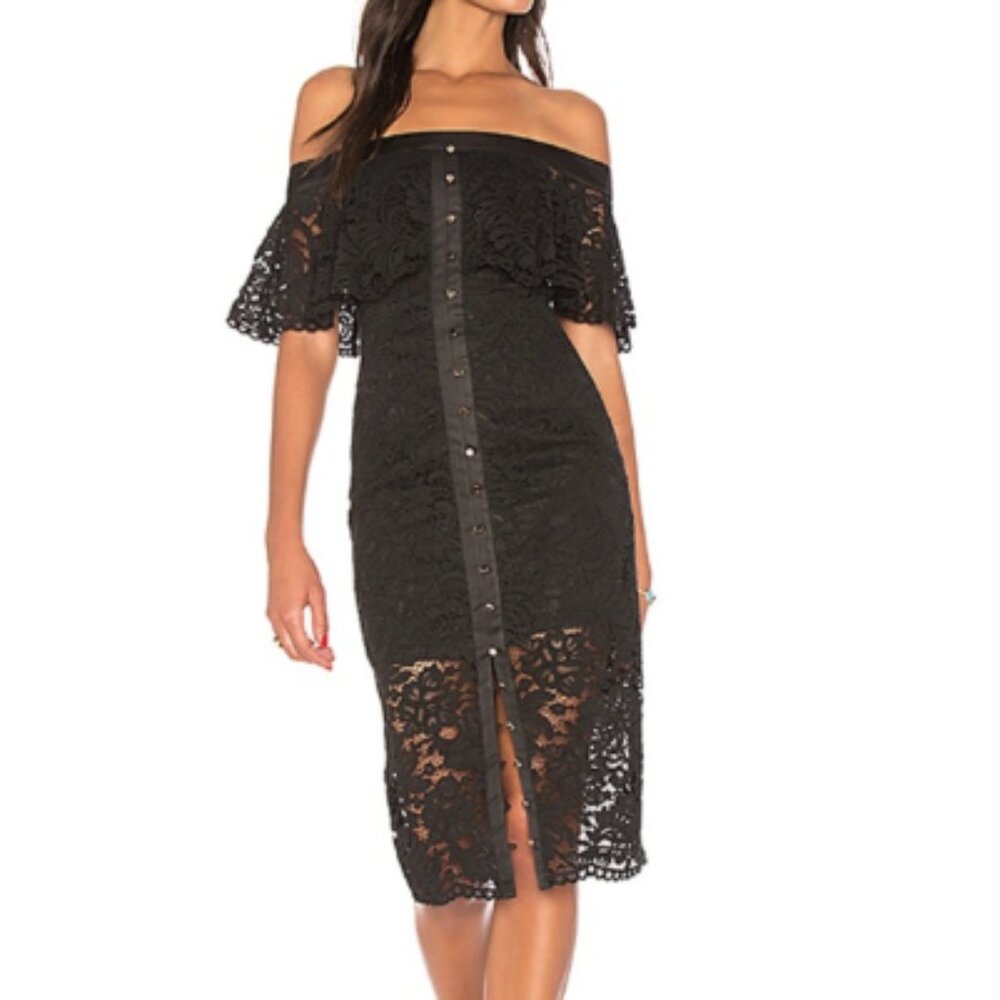 Keepsake the Label Star Crossed Black Lace Off Shoulder Lace Dress M